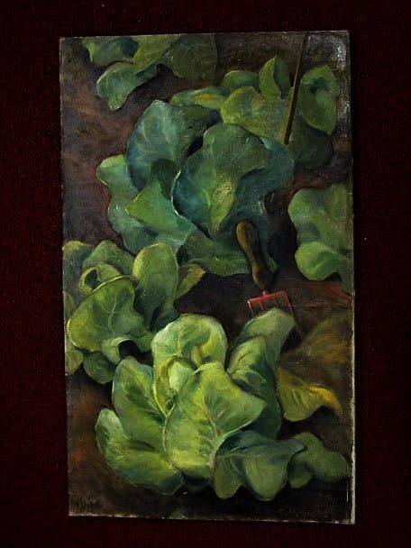 Niet of onleesbaar gesigneerd - Groot 1946 gesigneerd Amerikaans olieverf "Moestuin met Sla" kopen? Bied vanaf 1!