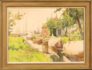 Cornelis Vreedenburgh - Aquarel, Aangemeerde boten - Ingelijst verkocht voor € 750!