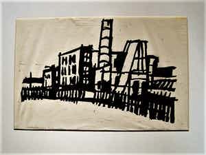 Hans Bernard - Zeldzame gesig Linosnede "Fabrieken Enschede" van deze jong overleden graficus verkocht voor € 10!