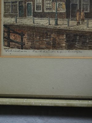 Marius Johannes Janssen - Ingelijste en ingekleurde ets , Zakkendragershuisje Schiedam – ca. 1950 kopen? Bied vanaf 35!