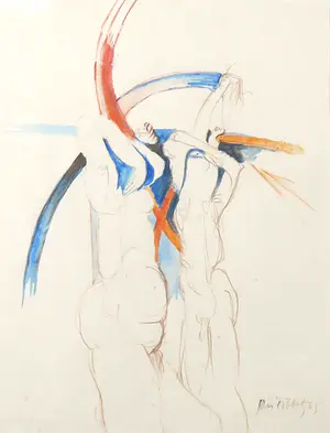 Jan Dibbets - Potloodtekening en aquarel, Twee figuren naakt - Ingelijst kopen? Bied vanaf 500!