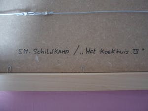 Susan Schildkamp - Gemengde techniek en collage op papier, Titel, "Het koekhuis lll kopen? Bied vanaf 50!