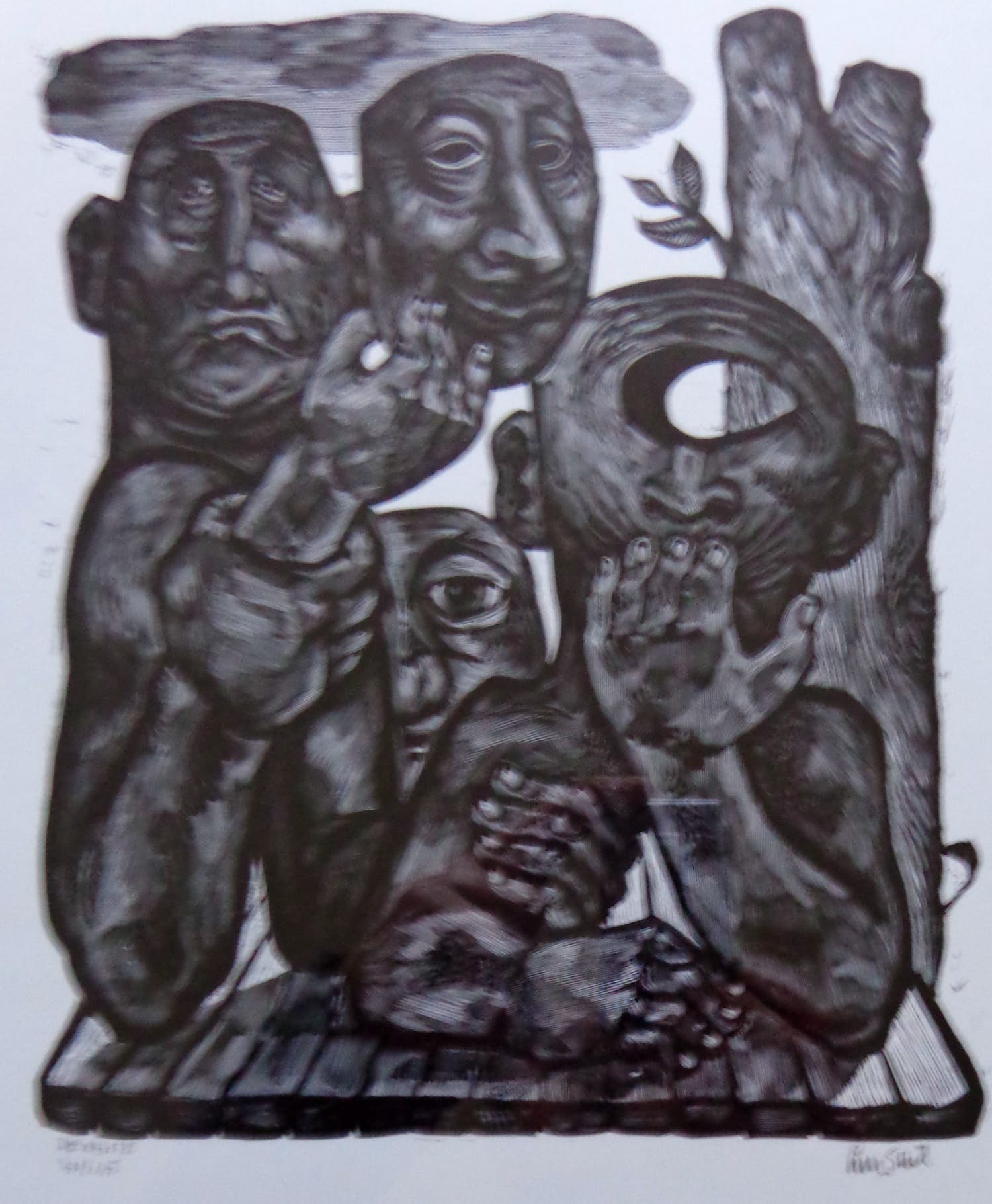 Lou Strik - DE VISITIE / ZW-W LINOSNEDE / 43x33cm / KADER / SIG kopen? Bied vanaf 25!