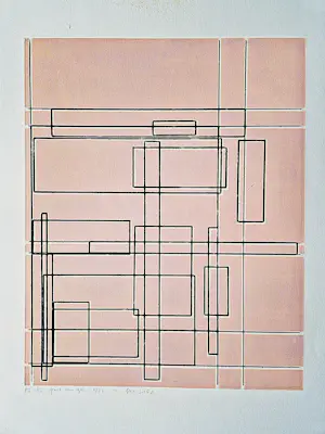 Paul van Gils - 1981 - Ets op dik roze papier - geometrische studie fase 1 - zeer kleine oplage kopen? Bied vanaf 62!