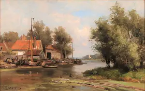Piet Schipperus - "Riviergezicht met zeilboten en figuren" - Olieverf op paneel kopen? Bied vanaf 675!