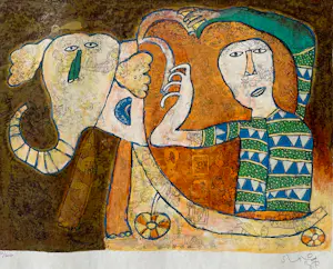 Shahid Parvez - (1970) – “Rode Olifant” – gesigneerde kleurenzeefdruk (151/500) – ingelijst kopen? Bied vanaf 20!