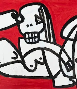 Gundi Falk - Kubistische Umarmung auf rotem Hintergrund kopen? Bied vanaf 280!