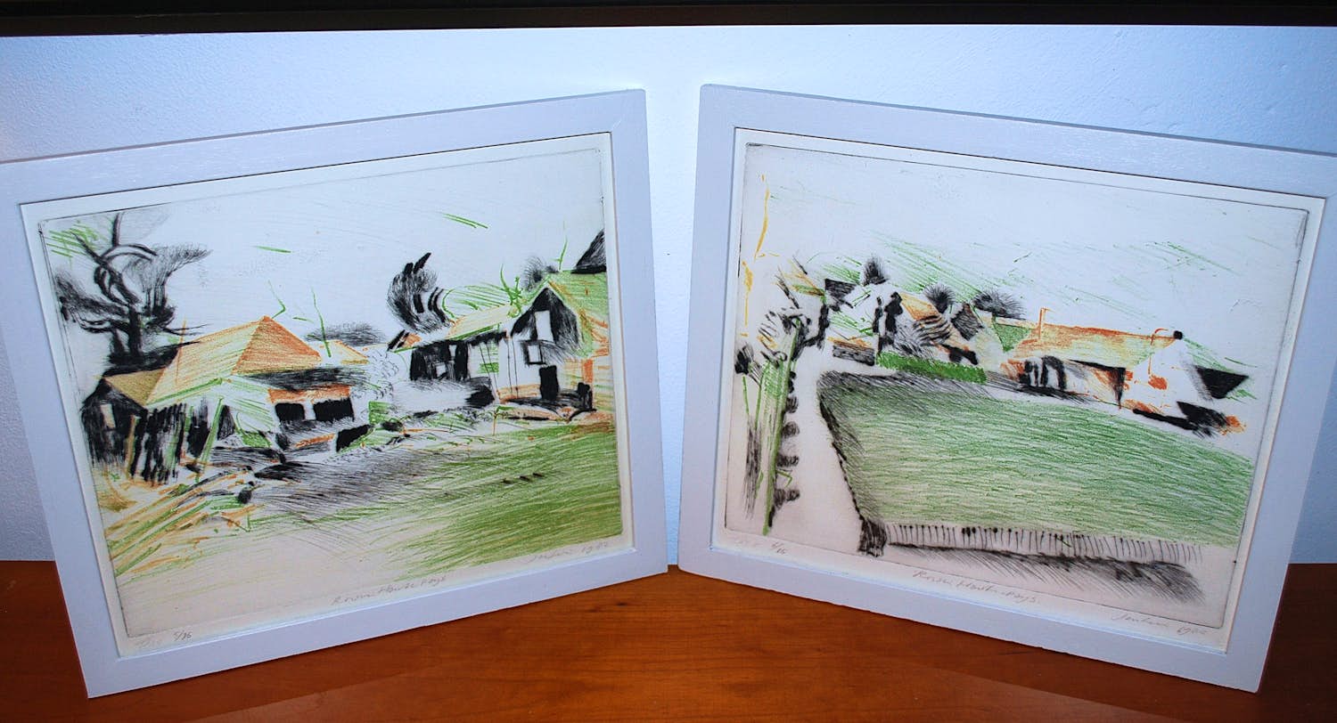 Theo Elfrink - en Jan Hein van Rooij - 2 ingelijste kleuretsen: " Roisin-Hauts Pays " kopen? Bied vanaf 75!