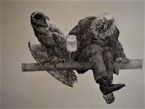 Peter Vos - bekend Utrechts Graficus & illustrator - Litho - "Oude man & uil" - VANAF 10€!!! kopen? Bied vanaf 10!