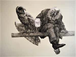 Peter Vos - bekend Utrechts Graficus & illustrator - Litho - "Oude man & uil" - VANAF 10€!!! verkocht voor € 10!