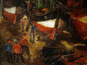 Niet of onleesbaar gesigneerd - Omstr. 1930 geschilderd olieverf "jongens op Scheepswerf" gesigneerd "Schram" kopen? Bied vanaf 1!