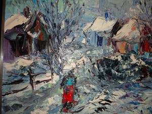Jan Makkes - Olieverf op doek, met besneeuwde huizen en bomen en een wandelaar kopen? Bied vanaf 225!