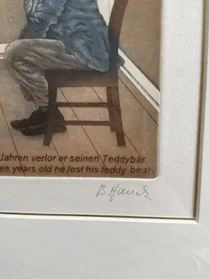 Bernd Hauck - Ingekleurde grappige ets, man voor rechter, gesigneerd, gelijst kopen? Bied vanaf 45!