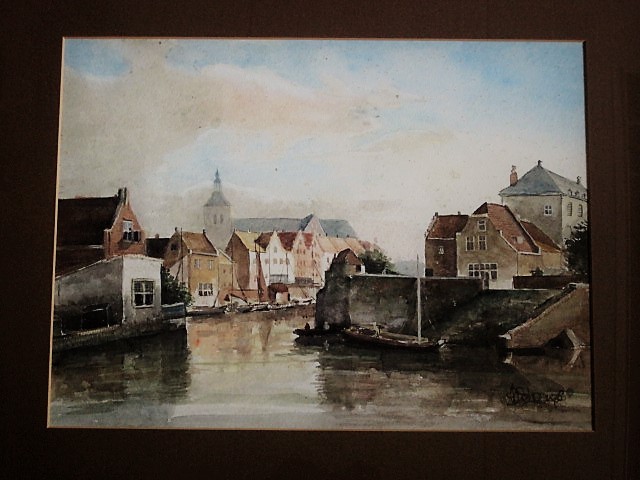 Niet of onleesbaar gesigneerd - 19e Eeuwse Aquarel "vestiging Stad aan het water" gesigneerd  verkocht voor € 1!