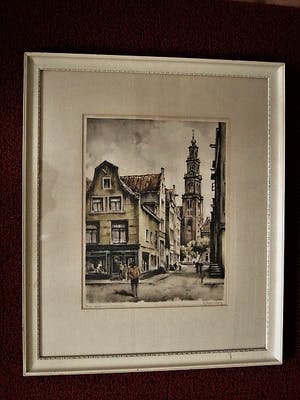 Roger Hebbelinck - Mooie grote handgekleurde Ets "Amsterdam Jordaan Westertoren" mooi gelijst kopen? Bied vanaf 30!