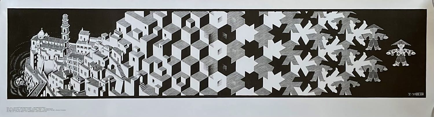 Maurits Cornelis Escher - Metamorphosis I, plus boek De Toverspiegel van M.C.Escher verkocht voor € 20!