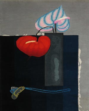 Paul Wunderlich - Handgeknoopt tapijt (wol), Vase mit zwei Anturien + certificaat kopen? Bied vanaf 480!