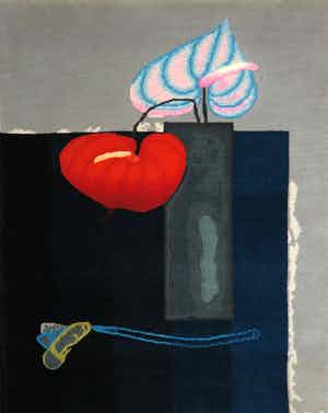 Paul Wunderlich - Handgeknoopt tapijt (wol), Vase mit zwei Anturien + certificaat verkocht voor € 480!