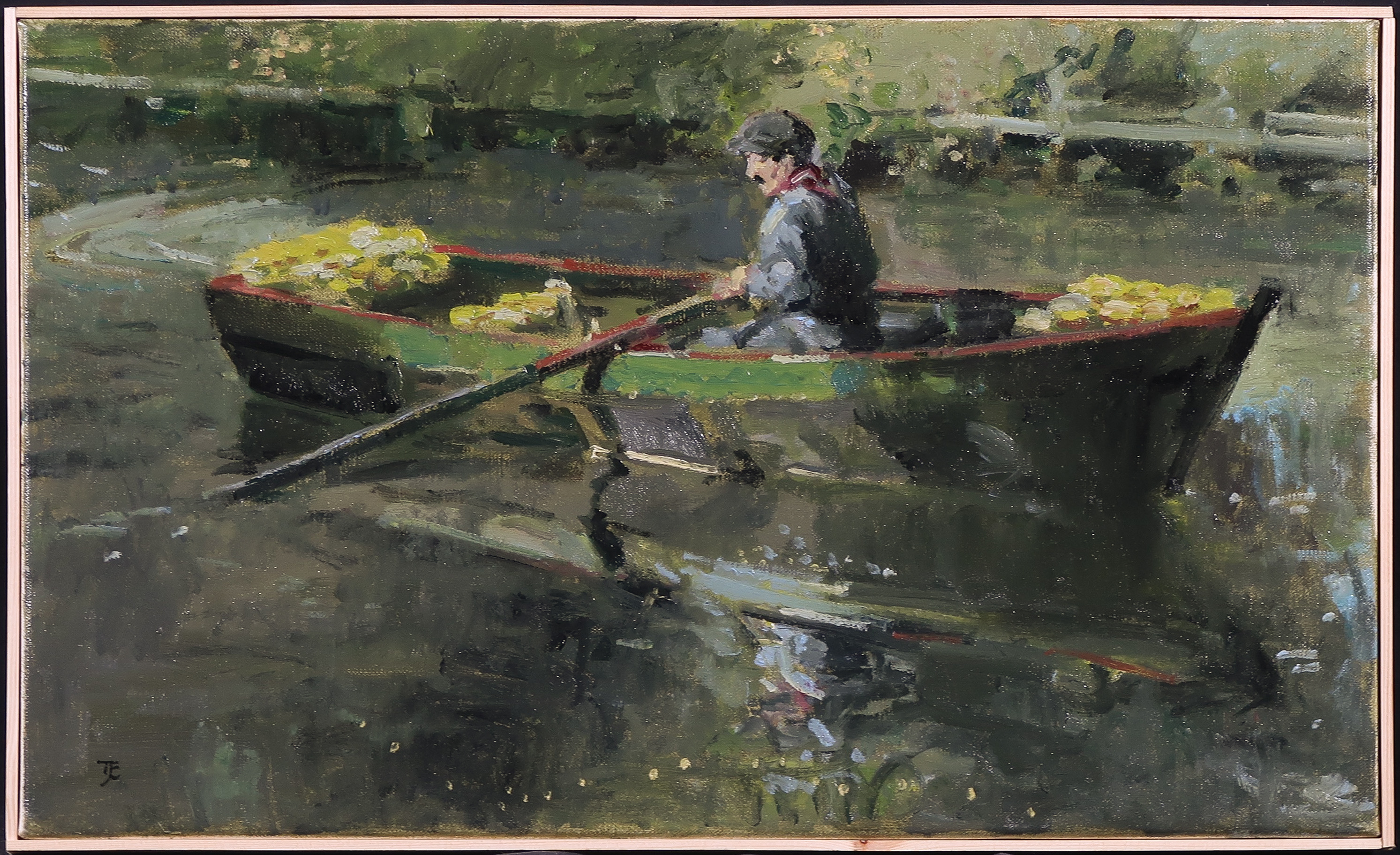 Thomas John Coates - Olieverf op doek, Man in roeiboot met bloemen - Ingelijst verkocht voor € 280!