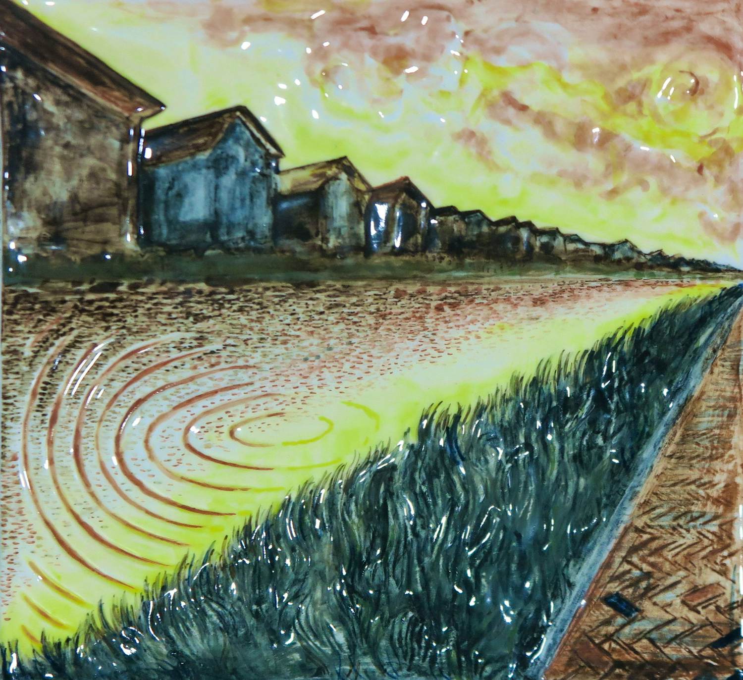 Chris Dagradi - Keramiek wandobject, Tegel met rivier en huizen verkocht voor € 100!