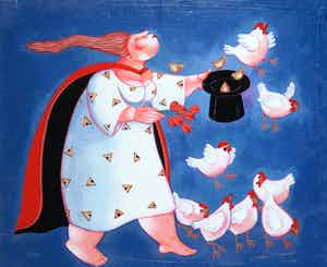 Ada Breedveld - Zeefdruk op geschept papier, Vrouw met kippen verkocht voor € 50!