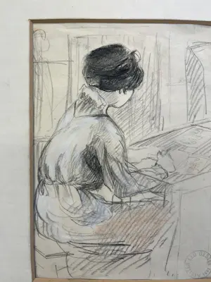Leo Gestel - De vrouw van de kunstenaar aan het tekenen - met atelierstempel kopen? Bied vanaf 240!