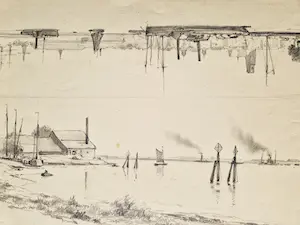 George Lourens Kiers - Sfeervol aquarel "boot aan de gracht" + 2 tekeningen Dordrecht en de Lek kopen? Bied vanaf 79!