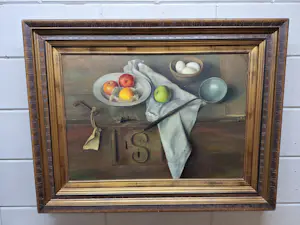 Jan Schouten - Stilleven met een Sleutel en een schaal met eieren en een schaal met Appels kopen? Bied vanaf 150!
