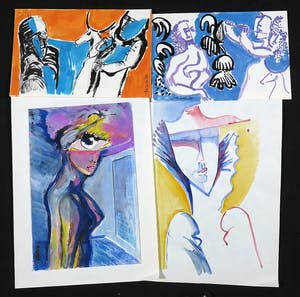 Joe Wols - Lot van vier tekeningen met gemengde techniek, Figuren kopen? Bied vanaf 1!