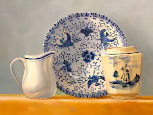 Marian van der Sanden - Stilleven met porselein en antiek opdraai poppetje kopen? Bied vanaf 325!