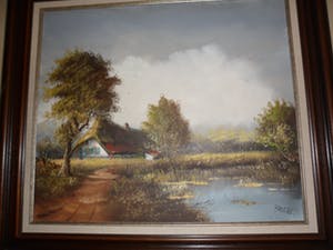 Niet of onleesbaar gesigneerd - Olieverf op doek, landschap met huis, water en natuur kopen? Bied vanaf 10!