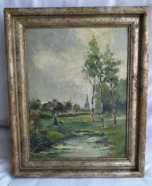 Niet of onleesbaar gesigneerd - Olieverf op paneel , Landschap met vrouw – ingelijst - oud kopen? Bied vanaf 1!