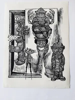 Lou Strik - 2 Houtsnede, Short People gesigneerd, dorpsgezicht druk gesigneerd. kopen? Bied vanaf 40!