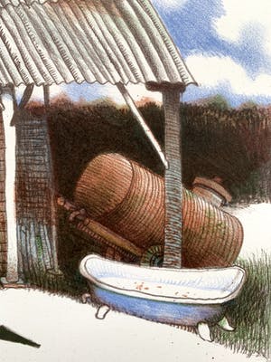 Nicolaas Wijnberg - kleurenlitho - 'Boers tafereel met badkuip' - 1982 kopen? Bied vanaf 70!