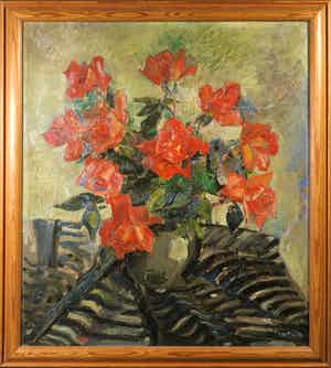 Henk van den Idsert - Olieverf op doek, Stilleven met rozen - Ingelijst verkocht voor € 250!