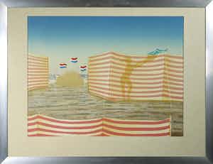 Jurjen Fontein - Zeefdruk, Op het strand - Ingelijst verkocht voor € 20!