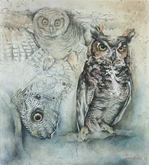 Doris Drabbe - Aquarel en pastelkrijt, Uilen - Ingelijst (Groot) kopen? Bied vanaf 70!