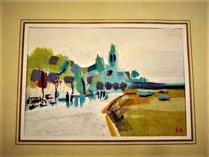 Niet of onleesbaar gesigneerd - gesigneerde expressionistische Gouache "Mediterranee 1951" monogram "J.A." verkocht voor € 1!