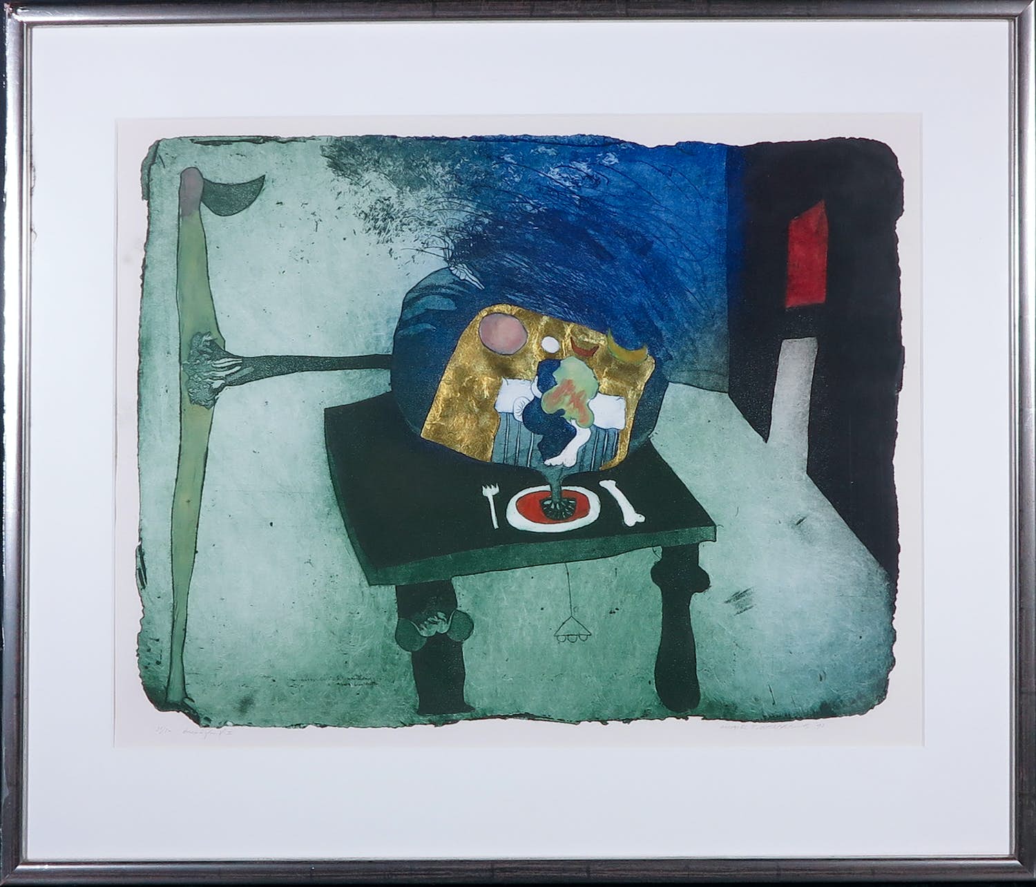 Michel van Overbeeke - Ets en aquatint met bladgoud, It's in the air III - Ingelijst verkocht voor € 50!