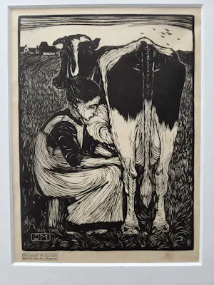 Jan Mankes - Melkster. Ingelijst. Houtsnede. kopen? Bied vanaf 179!
