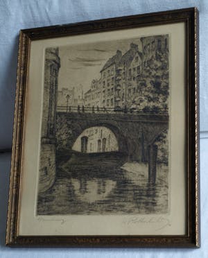 Niet of onleesbaar gesigneerd - Ingelijste ets, Stadsgezicht Hamburg , Ellerntorsbrücke – ca. 1930 ? kopen? Bied vanaf 1!