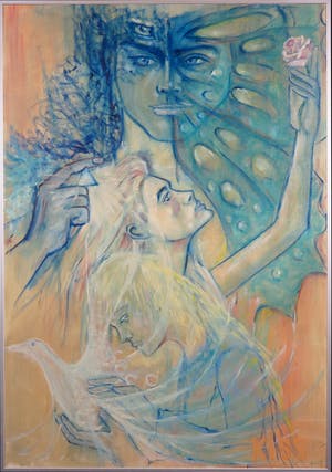 Kiss Riemvis - Olieverf op board, z.t. Fantasy white bird - Ingelijst kopen? Bied vanaf 10!