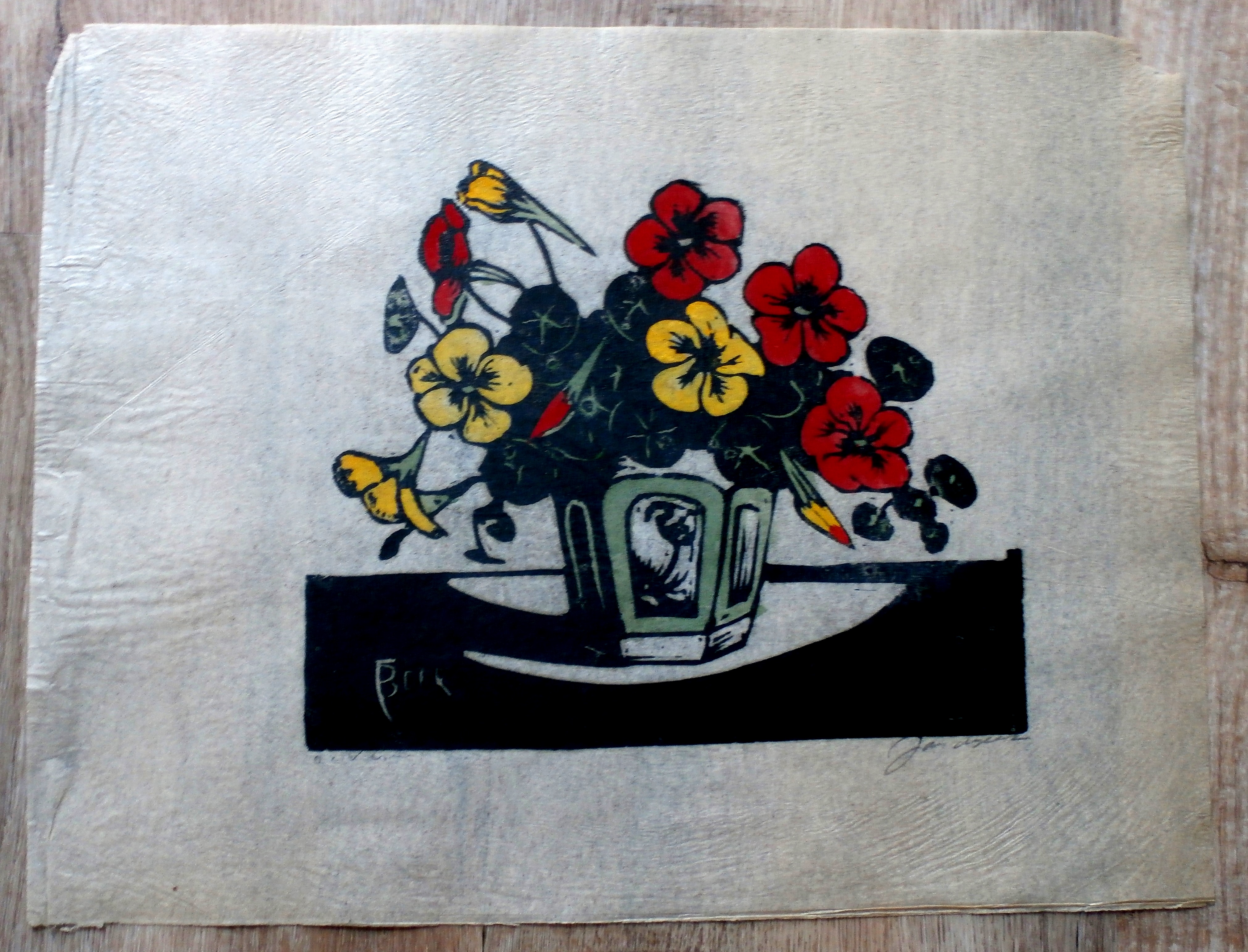 Jac. de Beer - Houtsnede: bloemen in vaas kopen? Bied vanaf 40!