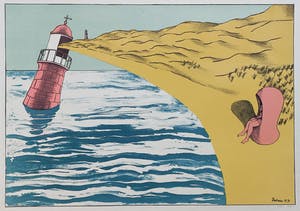 Hannes Postma - Vuurtoren en vrouw in strandstoel, litho kopen? Bied vanaf 50!