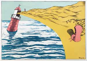 Hannes Postma - Vuurtoren en vrouw in strandstoel, litho verkocht voor € 50!