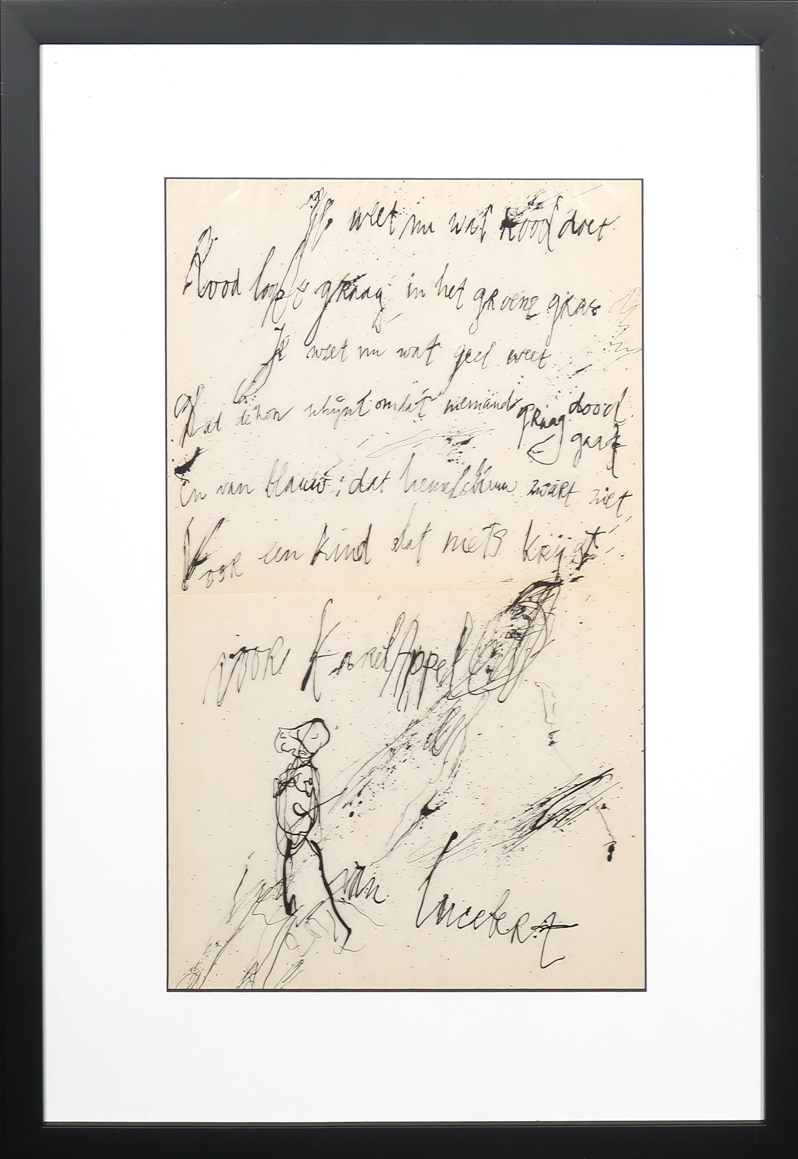 Lucebert - Litho gedicht op vloeipapier, Je weet nu wat rood doet - Ingelijst verkocht voor € 1!