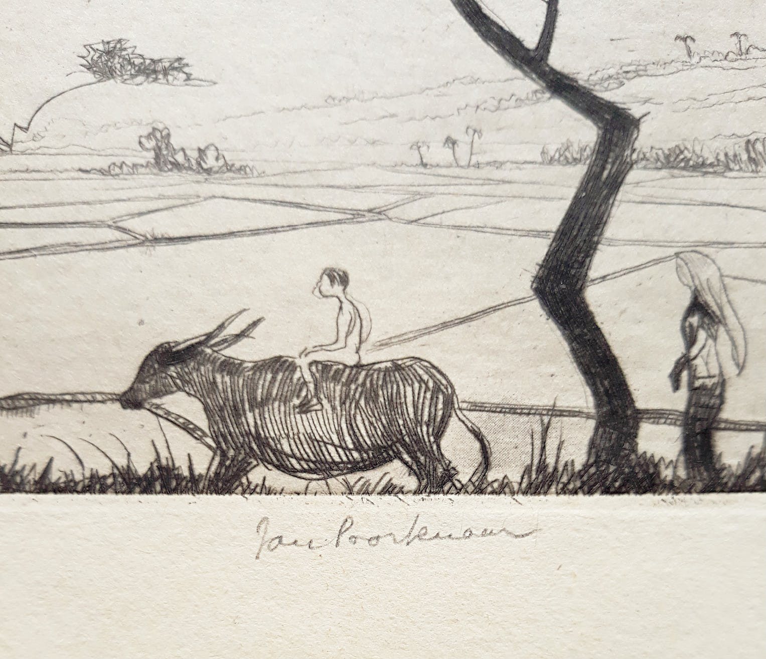 Jan Poortenaar - Man op buffel in landschap met sawah’s, ets kopen? Bied vanaf 25!