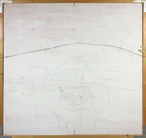 Hannes Kuiper - Acryl op paneel, Vijf wolken zweven over de kade van het blauw - Ingelijst (Zeer kopen? Bied vanaf 200!