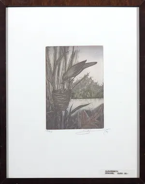 Rüdiger Brassel - Kleurenets, Vogel bij nest - Ingelijst kopen? Bied vanaf 1!