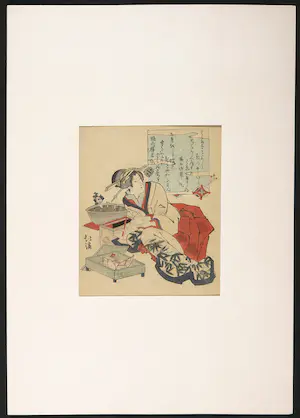 Totoya Hokkei - Houtdruk, Geisha met een kistje bamboescheuten kopen? Bied vanaf 80!